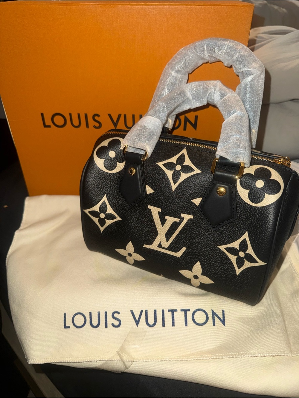 Louis Vuitton Black & Cream Monogram Speedy-inspired Satchel